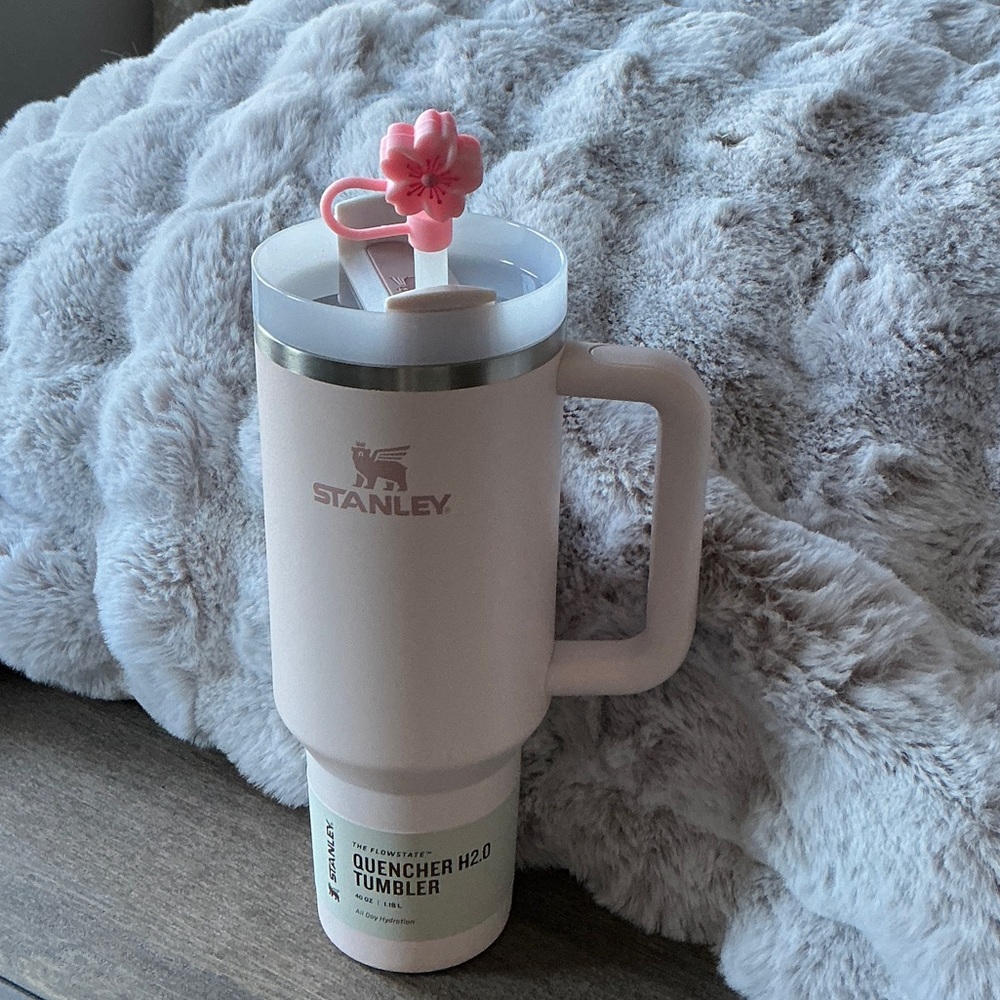 Stanley Pink Tumbler with Floral Straw Topper